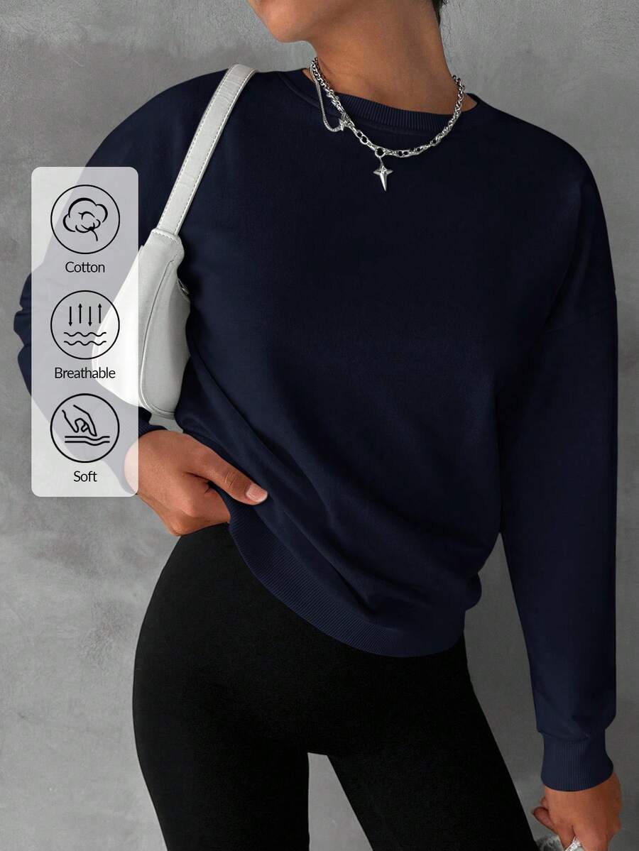 EURMUSE Cotton Solid Drop Shoulder Sweatshirt - Navy Blue - View 1