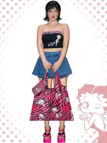 Betty Boop | ROMWE Large Capacity Foldable Tote Bag With Coin Pouch, Portable Shopping Bag - deep powder - View 7