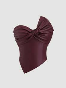 Sweetra 女士新款设计感高街优雅叠层复古纹理高端简约修身短款不对称上衣，春夏款 - 酒紅色 - 查看 5