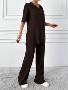 EURMUSE Cotton Two Pieces Set Polo Neck Top And Pant Set Rib Knit Fabric - Chocolate Brown - View 5