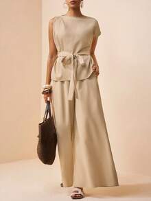 Zivah 2026春夏新款情人节音乐节复活节西部波西米亚风纳什维尔派对婚礼正式约会休闲学生日常基本休闲邮轮海滩日光浴优雅通勤商务休闲单肩褶皱系腰上衣+带真口袋的阔腿裤卡其色两件套，春夏度假休闲套装，女士两件套 - 卡其色 - 查看 1