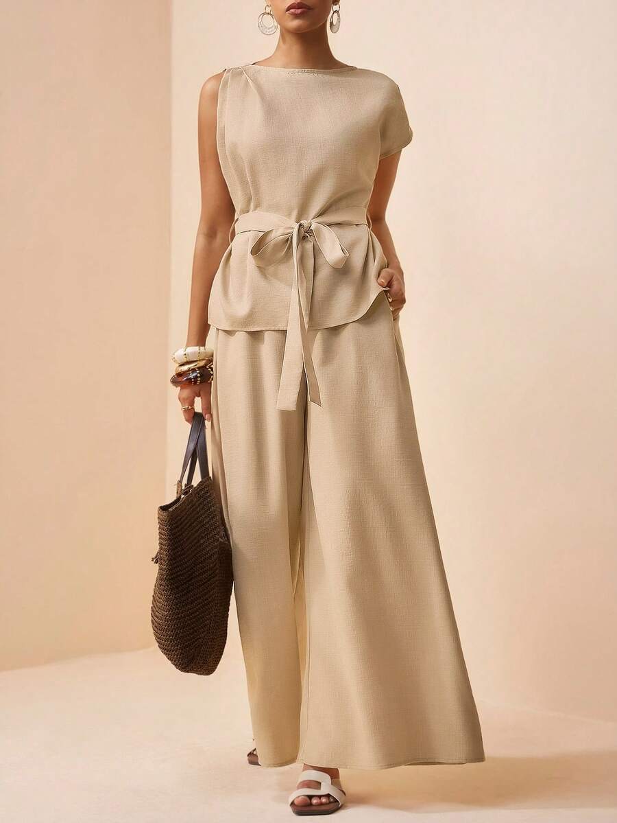 Zivah 2026春夏新款情人节音乐节复活节西部波西米亚风纳什维尔派对婚礼正式约会休闲学生日常基本休闲邮轮海滩日光浴优雅通勤商务休闲单肩褶皱系腰上衣+带真口袋的阔腿裤卡其色两件套，春夏度假休闲套装，女士两件套 - 卡其色 - 查看 1