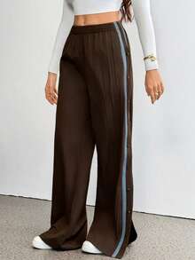 SHEIN Tall 女士弹力腰侧条纹阔腿宽松休闲裤棕色裤子女士阔腿裤按扣裤运动裤棕色运动裤 - 棕色 - 查看 12