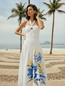 CAJUNI 女士碎花荷叶边露背度假连衣裙 - 米色 - 查看 5