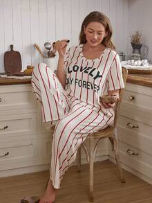 SHEIN Doze Lane Contrast Stripe & Letter Print Casual Crew Neck Short Sleeve Pajama Set - Multicolor - View 6