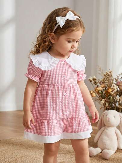 SHEIN Baby GirlSpring/Autumn Knitted Plaid Casual Short Sleeve Dress, Suitable For Home, Leisure, Outing, Party And Play