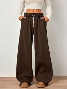 Flirla Quần dài thể thao nữ màu xám, cạp gập, dây rút, túi xéo, ống đứng, phong cách đường phố thường ngày. - màu nâu - Xem 4