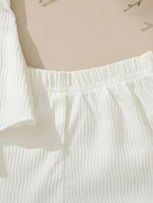 Souflis Souflis 2件套女婴幼儿/新生儿0-3岁春夏休闲度假公主风纹理编织短袖衬衫上衣和短裤套装，杏色 - 米色 - 查看 15