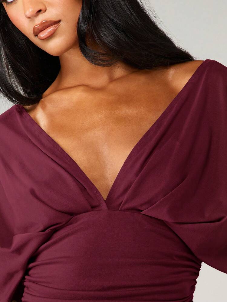MISSGUIDED 가을 겨울용 오프 숄더 랩 프론트 러치 탑, 딥 V 넥라인 및 트위스트 디테일