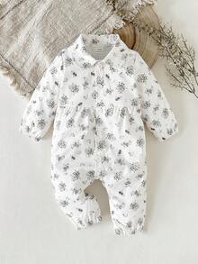 SHEIN Baby Girls' Cute Ditsy Floral Full-Length Jumpsuit With Collar, Front Opening, Ruched Details, Elastic Cuffs And Hem, Long Sleeve, Spring/Autumn - White - View 5