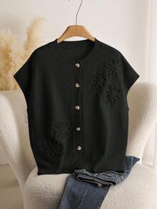 CosyJoli Cárdigan informal de talla grande con mangas de murciélago y flores 3D tejidas a mano - Negro - Ver 7