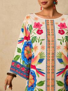 Travachic 大码女式紫红色热带花卉印花连衣裙，中长袖连衣裙，秋季连衣裙，大码圆领短款连衣裙，露背系带连衣裙，罩衫连衣裙 - 彩色 - 查看 4