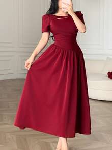 New Arrival French Style Hollow Collar Tie Waist Ruched Elegant Dress - Burgundy - View 4