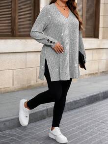 EMERY ROSE Plus Size Women's Solid Color Ribbed Powder Splatter Fashion Elegant Versatile Long Sleeve V-Neck Button Decor Casual Comfortable T-Shirt Top - Light Grey - View 4