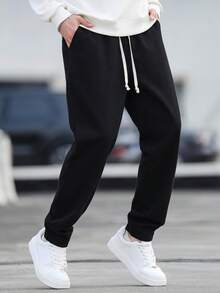 Manfinity Hypemode 男士抽绳腰带口袋休闲通勤慢跑牛仔裤 - 黑色 - 查看 6