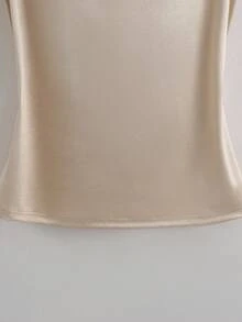 GlowEve 女士珍珠装饰无袖露脐上衣和高腰A字中长裙套装，闪亮面料，优雅精致，适合工作、约会、晚餐、外出等场合，春夏皆宜。 - 杏色 - 查看 3