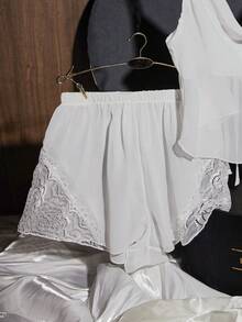 SilkySpell Sexy Lace Trim Sheer Mesh Camisole Top, Hollow-Out Delicate Sleepwear Set - White - View 6