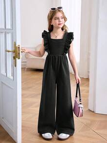 SHEIN Tween Girls Spring Summer Break Solid Washed Sleeveless Backless Openback Jumpsuit With Bowknot And Ruffle Trim,Casual Style And Casual Fit,Girls Summer Beach Boho Vacation Casual Outfits,Rave Concert Festival Outfits - Black - View 5