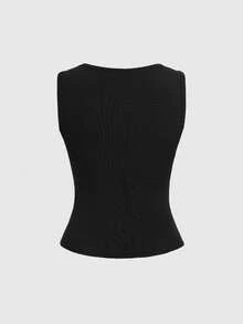 ROMWE Grunge Punk Y2K朋克哥特维多利亚印花修身露脐背心，女士纯色百搭款 - 黑色 - 查看 2