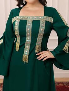 Al Najma Plus Size Women's Fringe Decorated Turkish Maxi Dress & Arabic Traditional Abaya Kaftan Jalabiya Dress - Dark Green - View 5