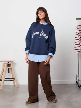 Athîral 休闲简约印花圆领宽松女式卫衣，秋冬季