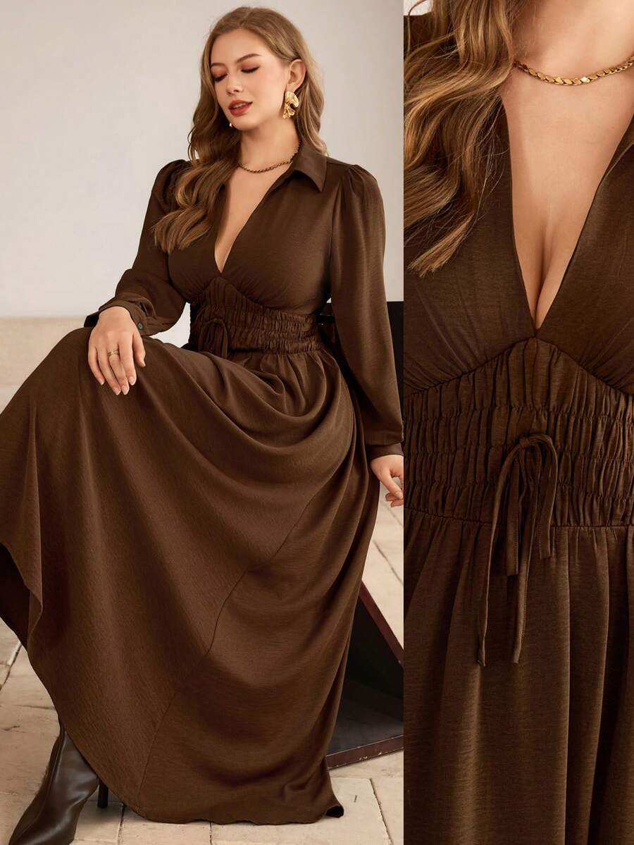 Flirla Đầm maxi dài tay dáng rộng dành cho nữ, kiểu dáng thanh lịch, thắt eo nơ, phong cách retro Pháp tinh tế, phù hợp cho công sở, tiệc tùng, Giáng sinh, Lễ Tạ ơn, Năm mới, mùa thu/đông. - Cà phê nâu - Xem 1