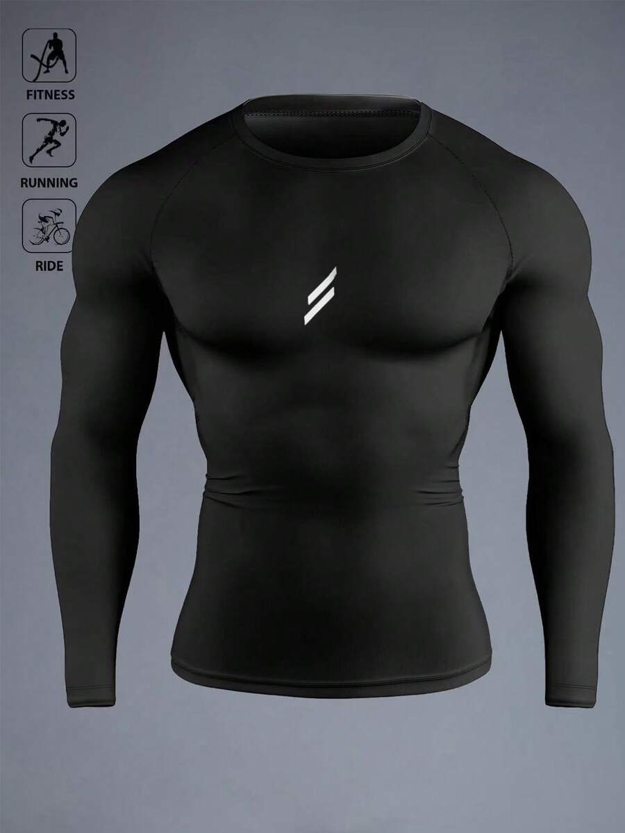 Manfinity Sport Corelite Áo thun thể thao nam chất liệu co giãn với logo thời trang, áo spandex thoải mái, áo nén nam, áo bó sát nhanh khô, áo dài tay nén, áo nén cho nam, áo bó sát nhanh khô, áo dài tay chất liệu co giãn, áo nén nam. - màu đen - Xem 1