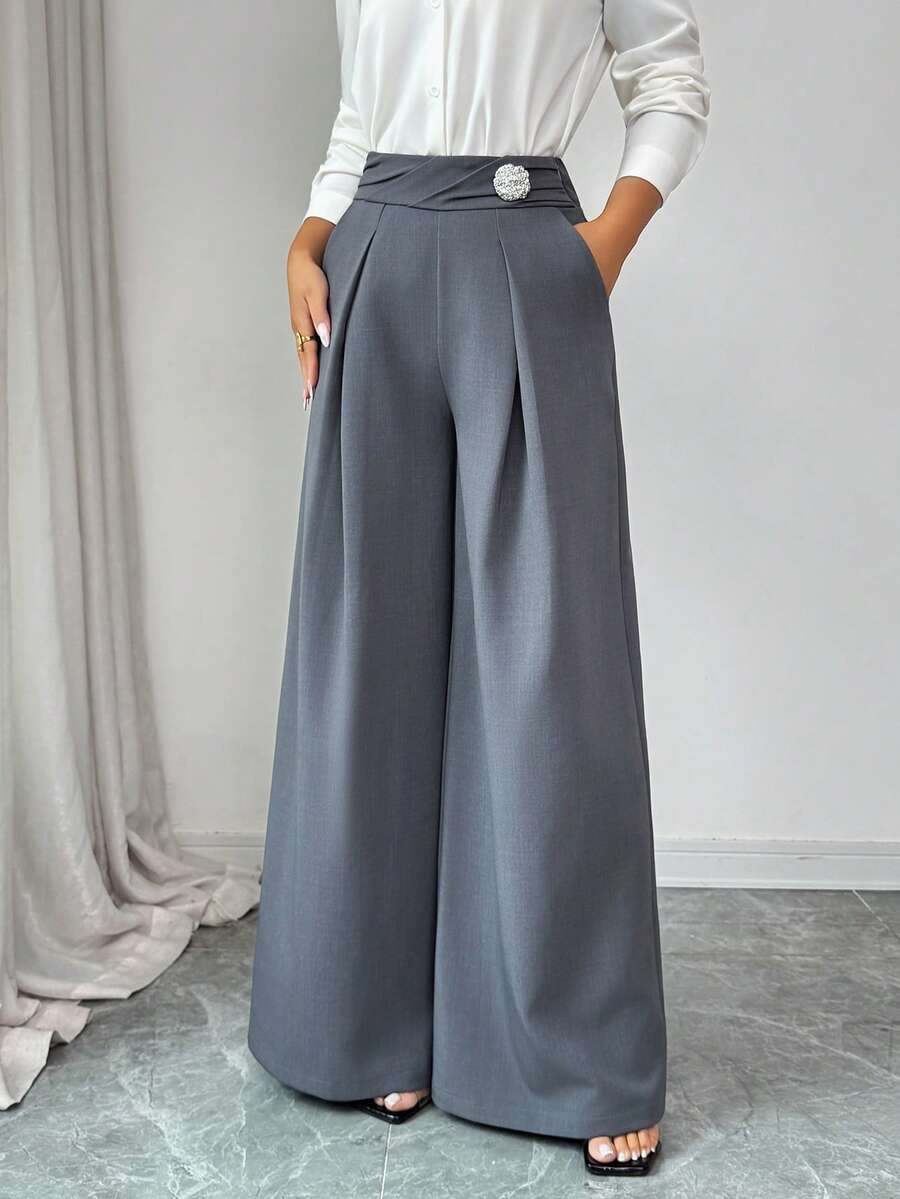 Modelyn Women's Solid Color Wide Leg Pants, Suitable For Commuting - Light Grey - View 1