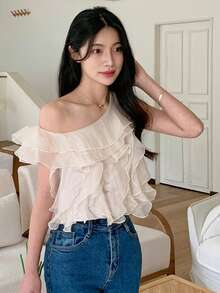 DAZY Áo kiểu trễ vai xếp ly màu trơn thời trang dành cho nữ - Màu be - Xem 4