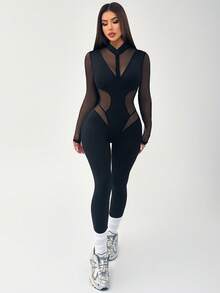 Core Rhythm 女士黑色网眼拼接运动连体衣