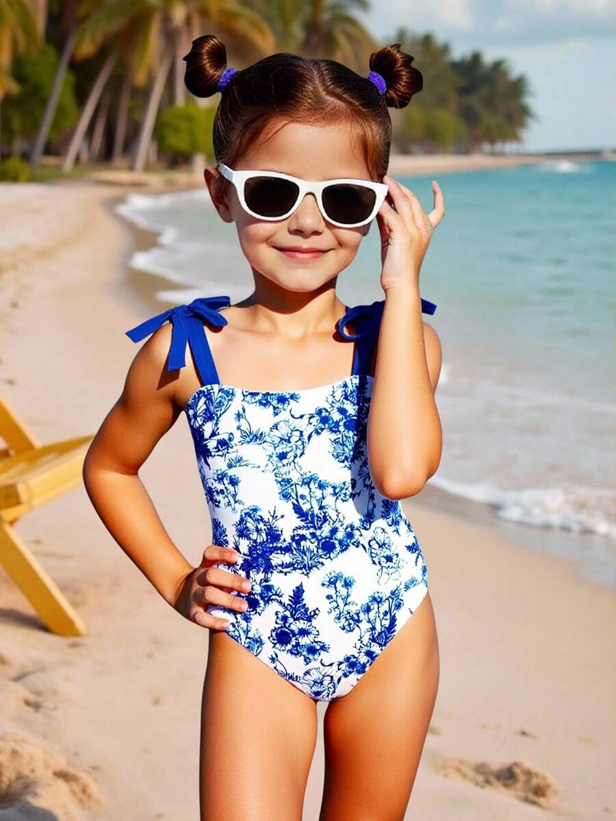 Emery Rose Kids Emery Rose Kids 女童春夏针织拼接蓝白瓷器复古图案吊带连体泳衣，带蝴蝶结 - 藍色 - 查看 1