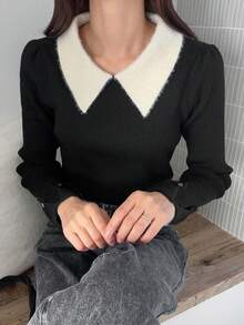 FRIFUL Women's Casual Versatile Contrast Color Turtleneck Sweater, Autumn/Winter - Black - View 2