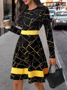 Editum 几何印花A字长袖连衣裙，黑色撞色连衣裙，女士秋冬连衣裙 - 彩色 - 查看 7