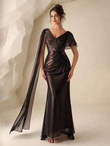 Coutiva 女士亮片拼接褶皱腰身飘逸优雅时尚连衣裙 - 咖啡棕 - 查看 2