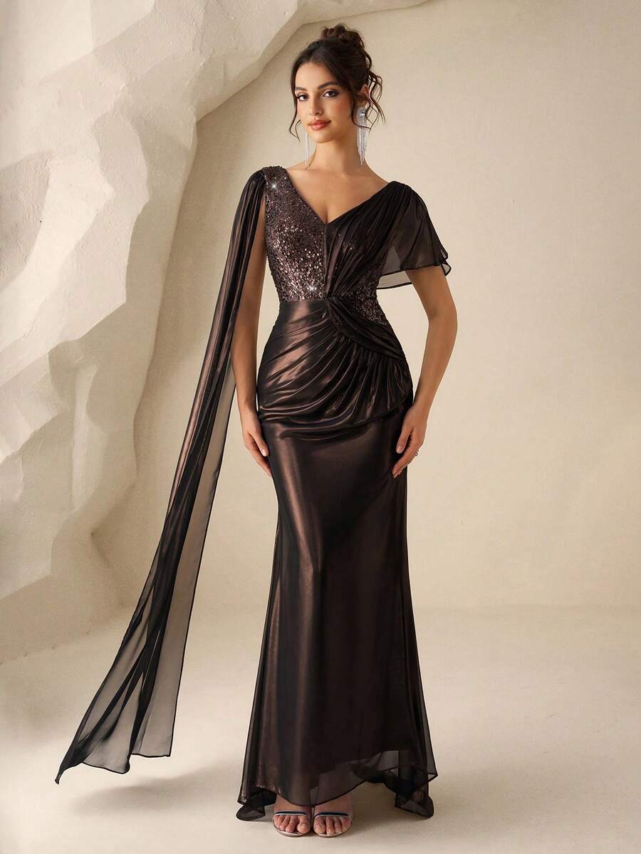 Coutiva 女士亮片拼接褶皱腰身飘逸优雅时尚连衣裙