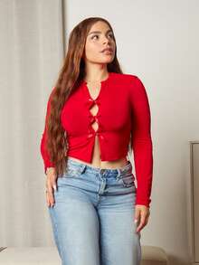 Lupita Cardoza Women's Christmas Red Bow Hollow Long Sleeve T-Shirt, Autumn - Red - View 3