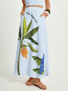 CAJUNI 女士度假棕榈树字母印花高腰口袋中长裙 - 淺藍色 - 查看 3