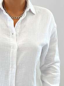 EURMUSE 100%纯棉 100%纯棉落肩纯色长款衬衫 夏季上衣 度假服装