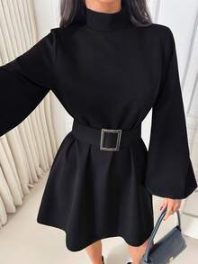 EURMUSE Mock Neck Trumpet Sleeve Belted Dress - Black - View 5