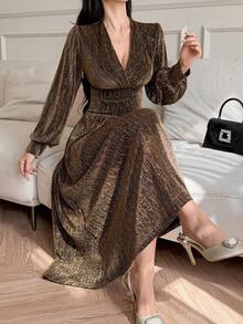 DAZY Women's V-Neck Ruched Waist Sequin Design Fitted Elegant Dress, Suitable For Banquet Maxi Dress Sundress - Brown - View 1