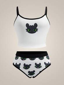 SHEIN How to Train Your Dragon 女士舒适可爱卡通图案吊带背心文胸内裤套装 - 白色 - 查看 1