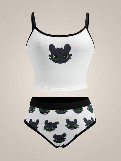 SHEIN How to Train Your Dragon 女士舒适可爱卡通图案吊带背心文胸内裤套装