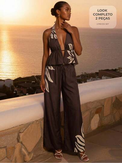 SHEIN x Eduarda Gutierrez CAJUNI Deep V-Neck Sleeveless Cinched Waist Leaf Print Fashionable Top And Loose Pants Set