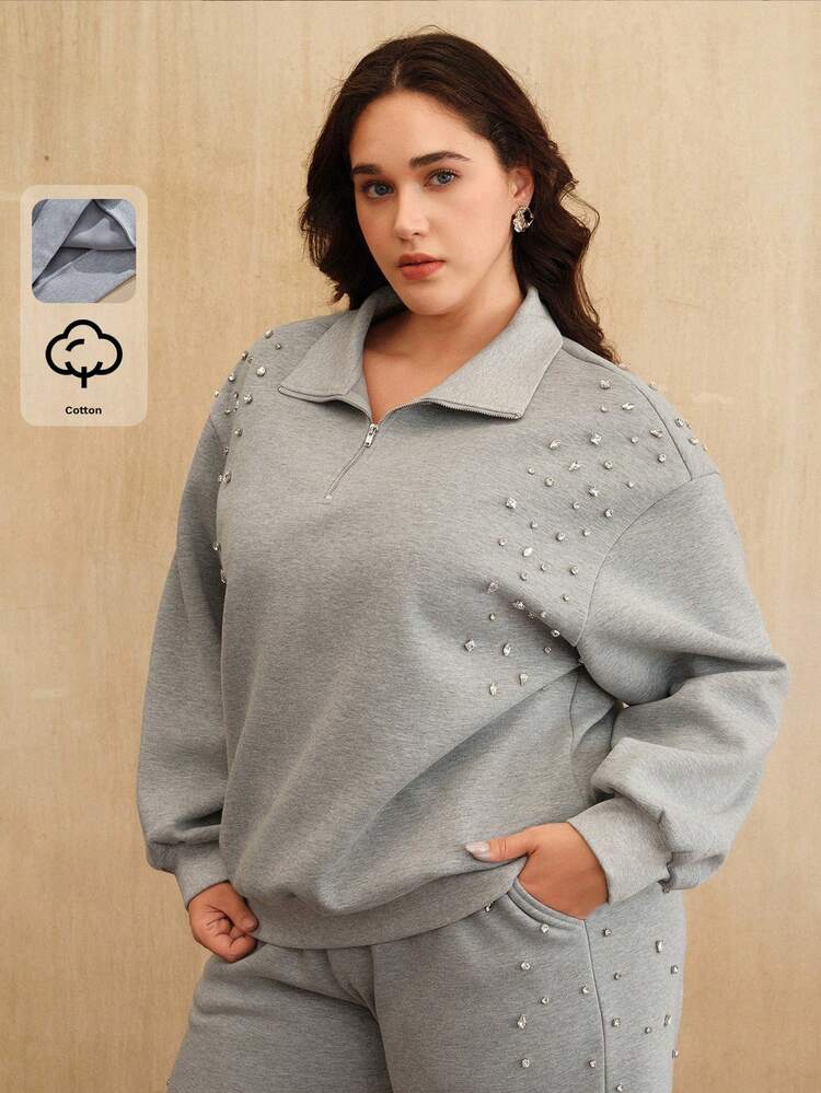 Fashionable Plus Size Studded Design Thermal Lined Sweatshirt, Grey Plus Size Women, Suitable For Autumn, Winter, Christmas