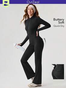 OutZeal 女士速干柔软户外连体裤，秋冬季前拉链立领多口袋设计 - 黑色 - 查看 11