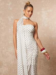 Lumalex Women's Elegant White Base Black Dot Sexy Strapless Ruched Slit Design Sleeveless Fitted Flared Dress, Spring/Summer - Black and White - View 1