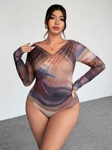 SHEIN Privé 大码女士优雅简约时尚性感连体衣，适合通勤、音乐节、度假等场合，不对称领口，垂坠设计，弹力长袖，秋冬季款 - 彩色 - 查看 2