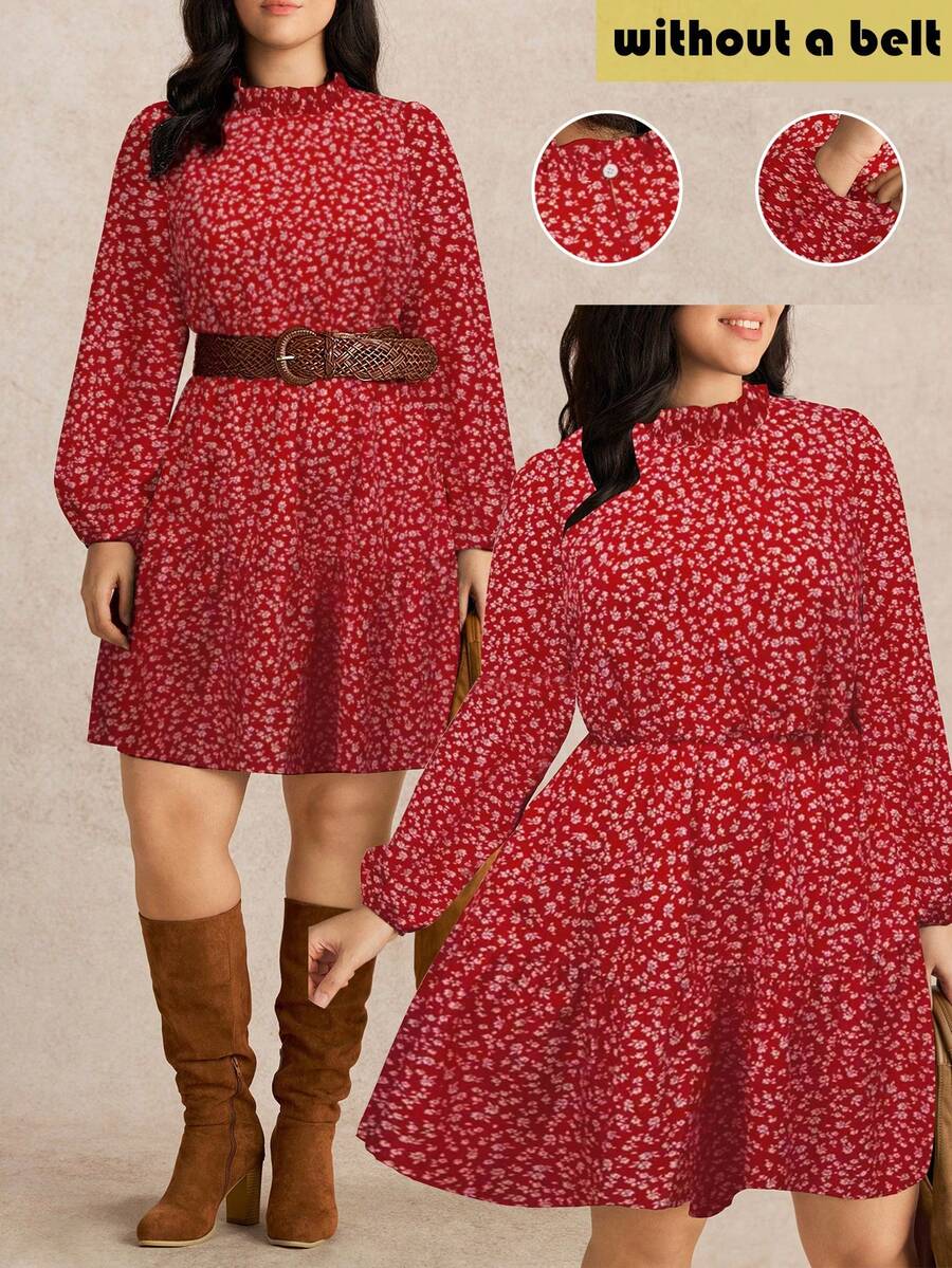 SHEIN LUNE Elegant Vintage French Style Ditsy Floral Ruffle Hem Waist Cinched Casual Dress, Suitable For Work, Autumn/Winter - Red - View 1