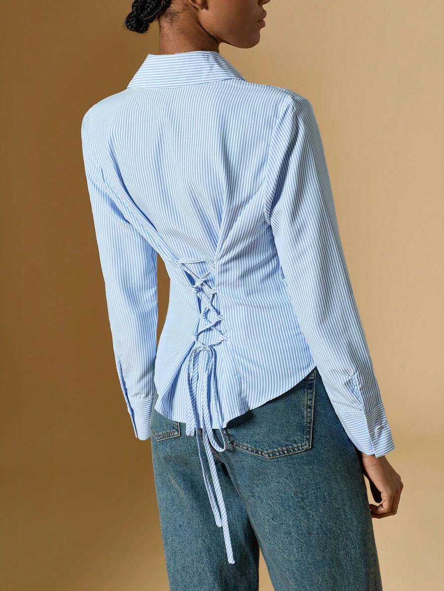 Briarwyn Women's Autumn New Pink Striped Tie-Waist Slim Fit Long Sleeve Shirt,Blusas Femininas Elegante - Blue - View 1