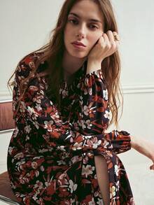 Écloséra French-Style Black Floral Women's Shirt Dress,Autumn Ellegant Tea Party V-Neck Long-Sleeved Waist-Cinching Dress With Tie Belt,Casual Vacationing Wear - Brown - View 6
